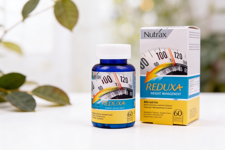 بطری مکمل ردوکسا روی سطح سفید با پس زمینه طبیعی برای کاهش وزن